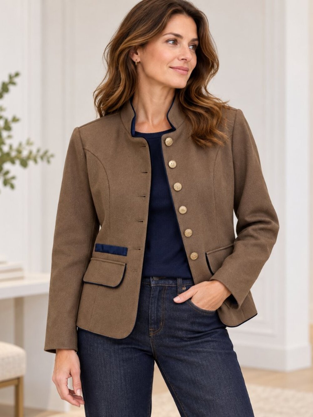 Military Inspo Khaki Women's Jacket With Gold Buttons and Navy Piping